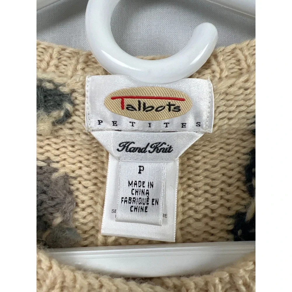 Talbots Cardigan Sweater Women Petite P Beige Floral Hand Knit 100% Wool Cable